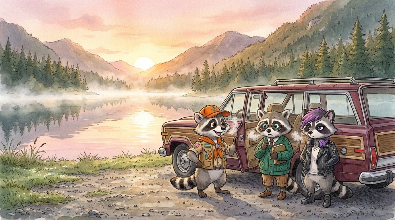 Scout, Skates and Macey — three raccoons — standing beside their wagon on a gravel shore at dawn, mist on the lake and mountains behind
